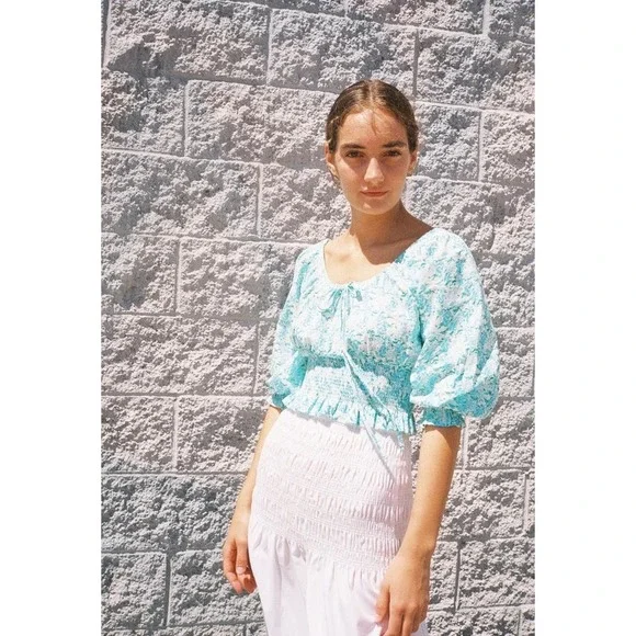 Rixo London Helena Smocked Crop Top Aqua Size M Cottagecore Romantic Resort - Picture 4 of 7
